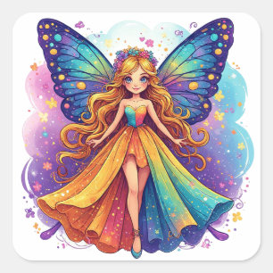 Adesivo Quadrado Fada Fantasia Encantadora com Asas Coloridas