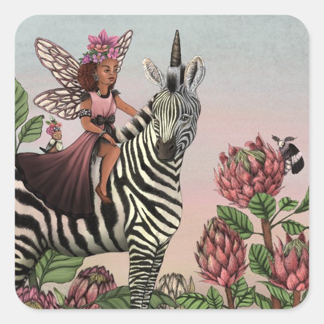 Adesivo Quadrado Fada rosa-branca com arte plana zebra Unicórica (Frente)