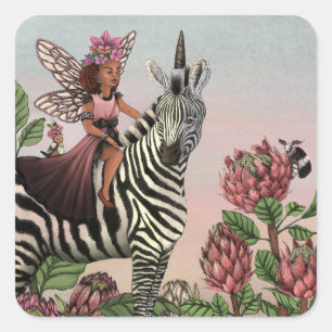 Adesivo Quadrado Fada rosa-branca com arte plana zebra Unicórica