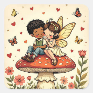 Adesivo Quadrado Fadas Lindas em Cogumelos Retro Vintage