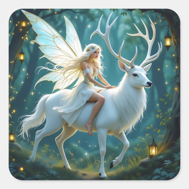 Adesivo Quadrado Fairy and White Deer Magical Forest (Frente)