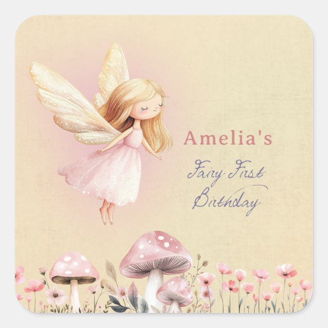 Adesivo Quadrado Fairy First Theme Girl's 1st Birthday Party Custom (Frente)