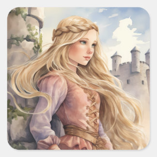 Adesivo Quadrado Fairy Tale Princess Rapunzel e um Castelo Medieval