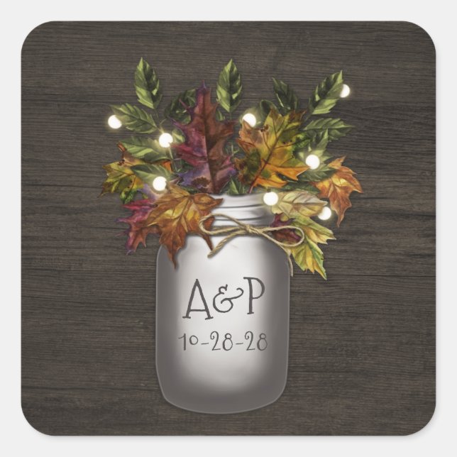 Adesivo Quadrado Fall Deixa Mason Jar Rustic Wedder Favor (Frente)