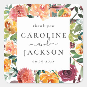 Adesivo Quadrado Fall Floral Personalizado Obrigado Favor