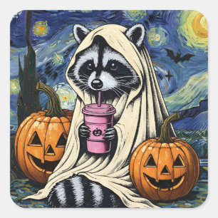 Adesivo Quadrado Fall Halloween Ghost Pumpkin Raccoon Spook