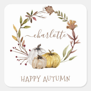 Adesivo Quadrado Fall Watercolor Pumpkins Feliz outono