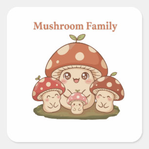 Adesivo Quadrado Família de Cogumelos Fofos Arte Retro Kawaii de Fu