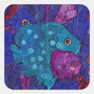 Adesivo Quadrado Família De Peixes, Submarina, Azul E Roxo