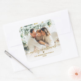 Adesivo Quadrado Família Foto Natal Alegre Script Dourado Elegante