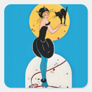 Adesivo Quadrado Fantasias de Gato de Halloween Vintage Senhora e G