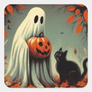 Adesivo Quadrado Fantasma com Retron Halloween Preto de Gato