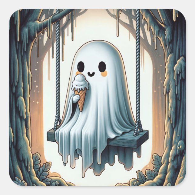 Adesivo Quadrado Fantasma De Cartoon Halloween Com Cone De Sorvete (Frente)