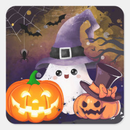 Adesivo Quadrado Fantasma de Halloween Fofo com Chapéu de Bruxa e A