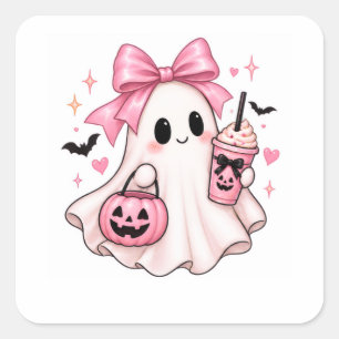 Adesivo Quadrado Fantasma de Laço Rosa Coquette Halloween