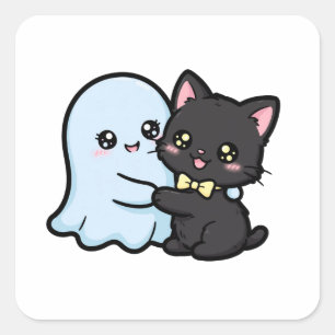 Adesivo Quadrado Fantasma Fofo e Gato Preto Halloween Kawaii
