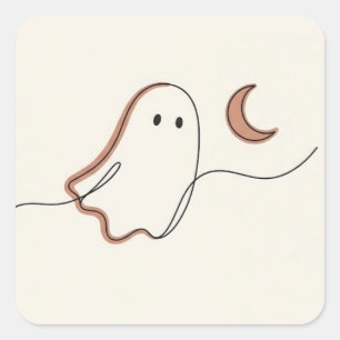 Adesivo Quadrado Fantasma Minimalista e Lua Crescente de Halloween