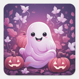 Adesivo Quadrado Fantasma Rosa E Laranja De Halloween