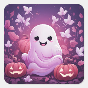 Adesivo Quadrado Fantasma Rosa E Laranja De Halloween
