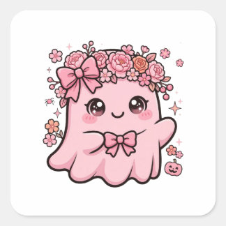 Adesivo Quadrado Fantasma Rosa Fofo Floral de Halloween