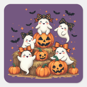 Adesivo Quadrado Fantasmas de Halloween Fofos em Laços Coquette e A
