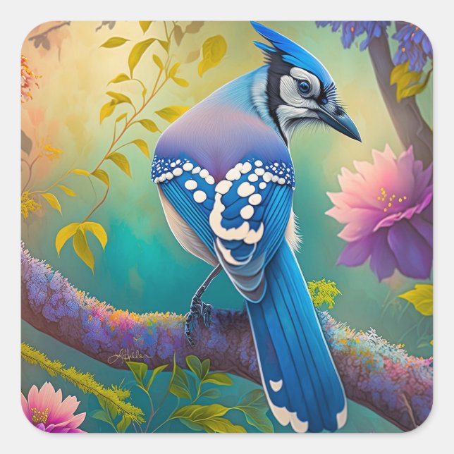 Adesivo Quadrado Fantasy Birds Blue Jay (Frente)