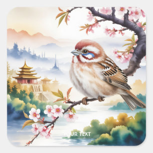 Adesivo Quadrado Fantasy Blossom de Ave Chinês Bonito