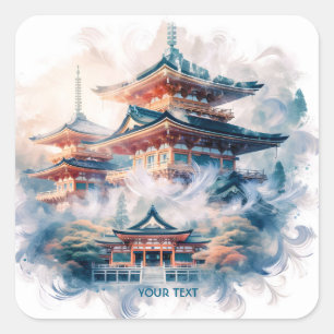 Adesivo Quadrado Fantasy Cujo Templo Japonês Watercolor