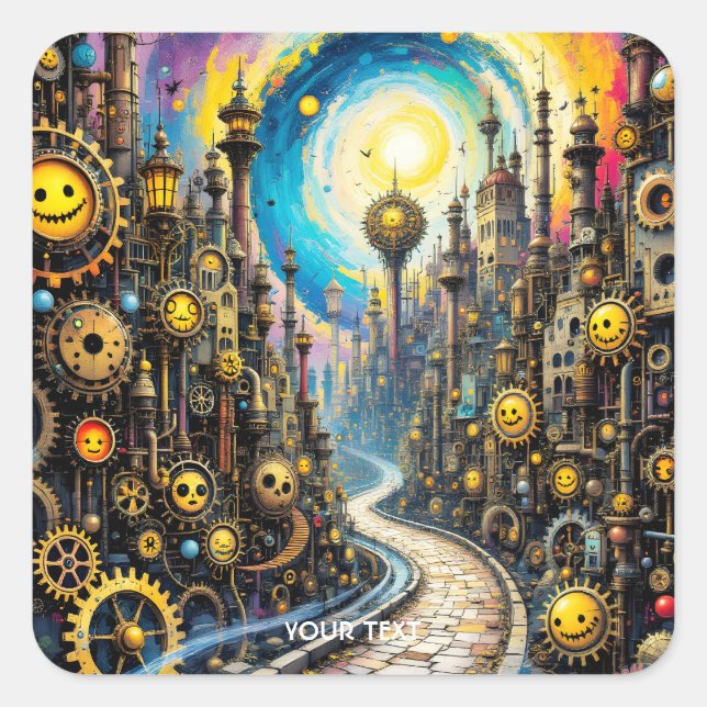 Adesivo Quadrado Fantasy Cute Abstrato Steampunk Cidade (Frente)
