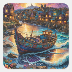 Adesivo Quadrado Fantasy Cute Boat Village Sunset