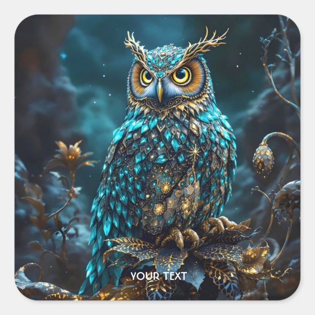 Adesivo Quadrado Fantasy Cute Brass Turquoise Owl (Frente)
