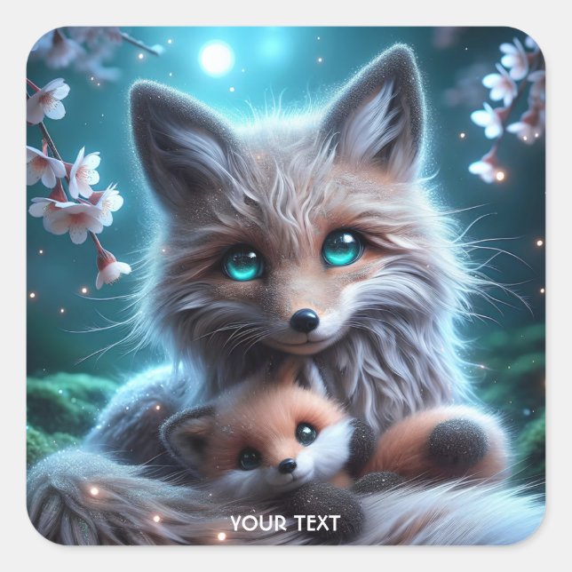 Adesivo Quadrado Fantasy Cute Fox Segurando Plushie (Frente)