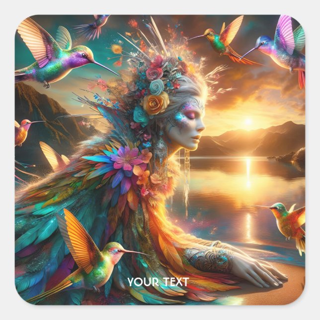 Adesivo Quadrado Fantasy Cute Hummingbird Goddess Lake (Frente)