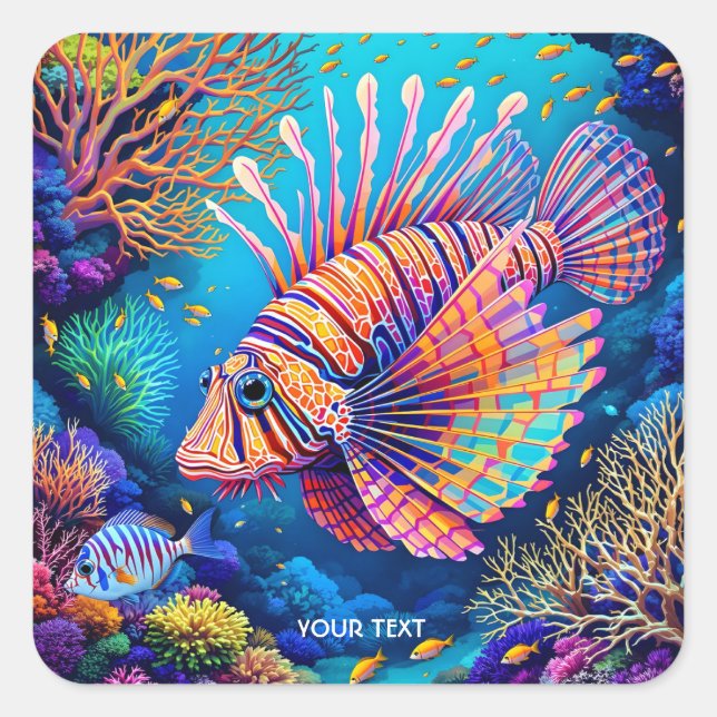 Adesivo Quadrado Fantasy Cute Lionfish Coral Reef (Frente)