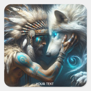 Adesivo Quadrado Fantasy Cute Man Hugging Wolf