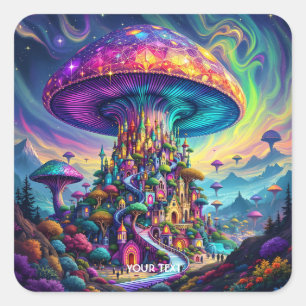 Adesivo Quadrado Fantasy Cute Mushroom Rainbow Skies