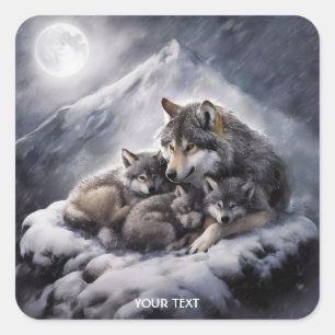 Adesivo Quadrado Fantasy Cute Wolf Family Winter