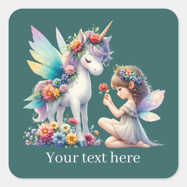 Adesivo Quadrado Fantasy Fairy unicorn adiciona texto (Frente)