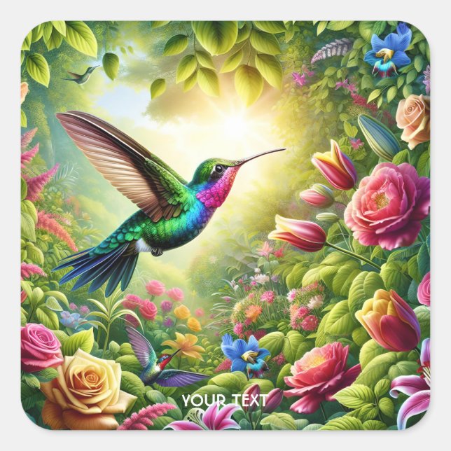 Adesivo Quadrado Fantasy Flowers Cute Rainbow Hummingbird (Frente)