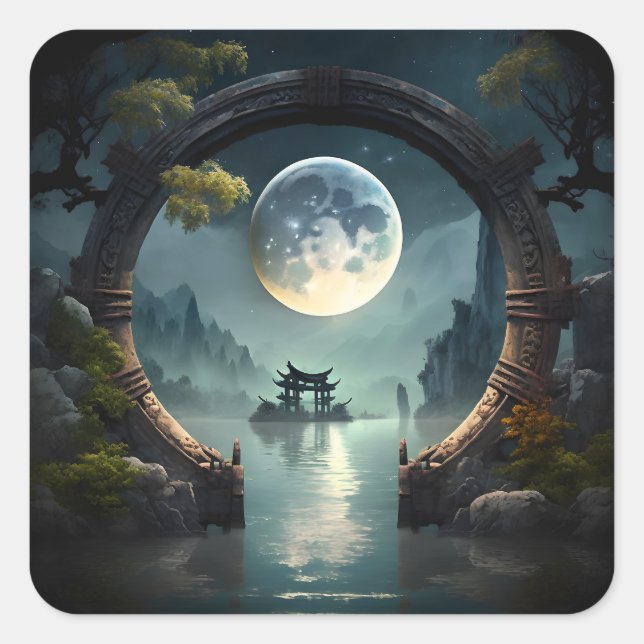Adesivo Quadrado Fantasy Landscape Moon, Arco Redondo, Stickers Qua (Frente)