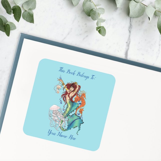 Adesivo Quadrado Fantasy Mermaid Teal Tail Bookplate (Criador carregado)