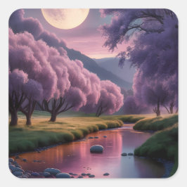 Adesivo Quadrado Fantasy Moonlit River Dreamscape Illustration
