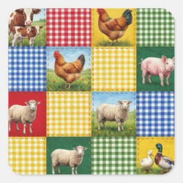 Adesivo Quadrado Farm Animals and Gingham Patchwork Quilt