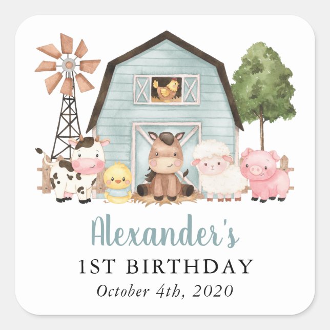 Adesivo Quadrado Farm Animals, Cute Animals, Barn, First Birthday (Frente)