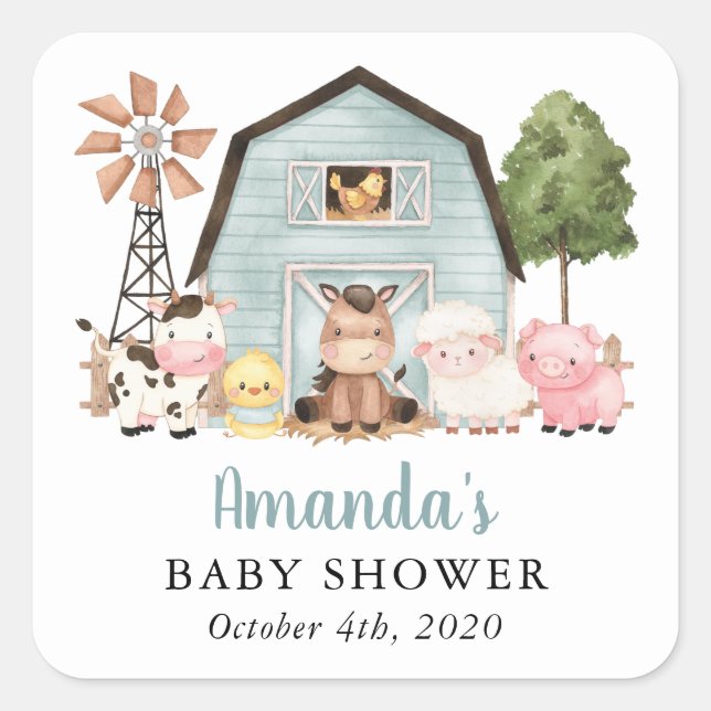 Adesivo Quadrado Farm Animals, Cute Animals, Blue Barn, Baby Shower (Frente)