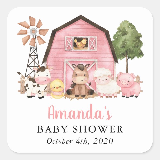 Adesivo Quadrado Farm Animals, Cute Animals, Pink Barn, Baby Shower (Frente)