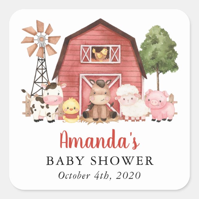 Adesivo Quadrado Farm Animals, Cute Animals, Red Barn, Baby Shower (Frente)