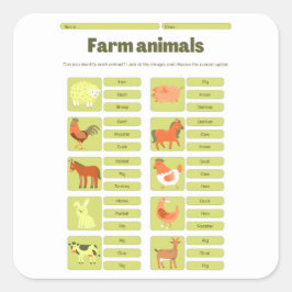 Adesivo Quadrado Farm Animals Identification Educational Worksheet