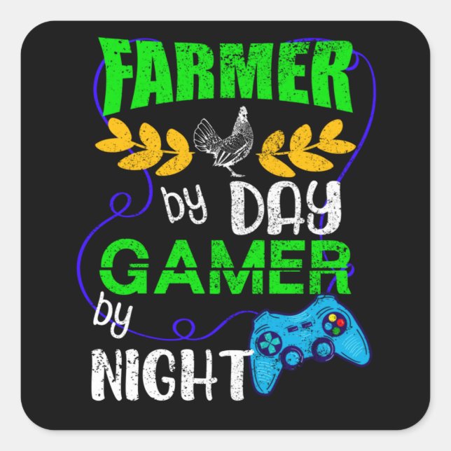 Adesivo Quadrado Farmer by Day Gamer by Night (Frente)