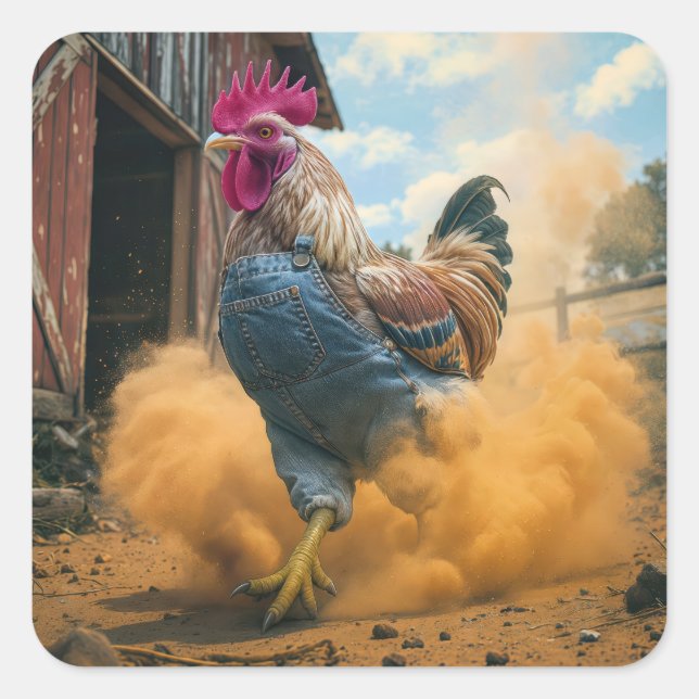 Adesivo Quadrado Farmer Rooster Kicking Up Dust (Frente)